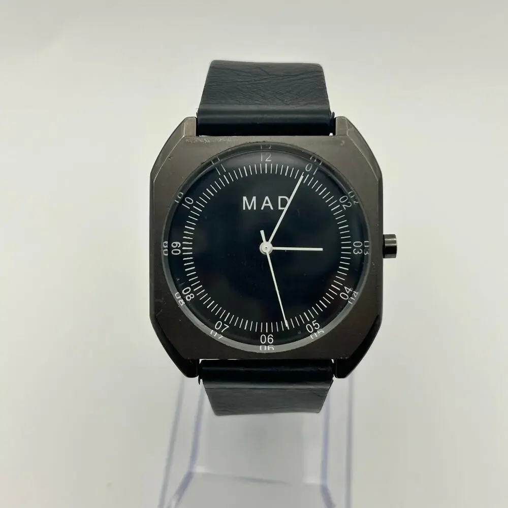 MAD Black Dial and Leather Metallic Gray Case Watch Working New Battery